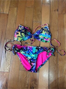 The Bikini Lab Neon Graffiti Multi-Color Tie Bikini M/L